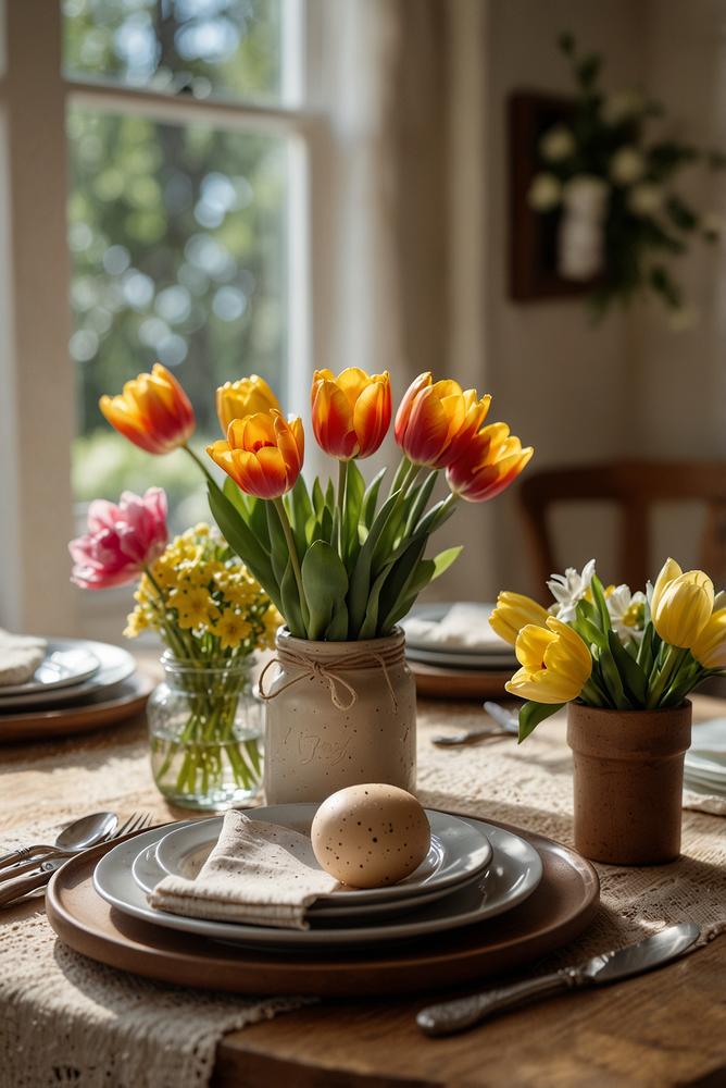 Helle Blumen- und Tischdeko-Ecke für den Osterbrunch