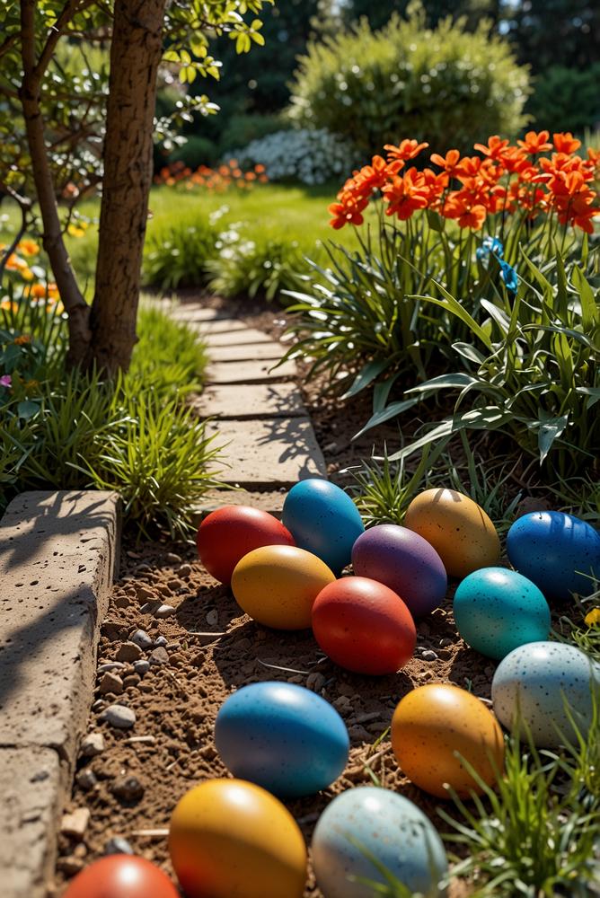 Bunte Ostereier im Garten als Farbcode für Schnitzeljagd