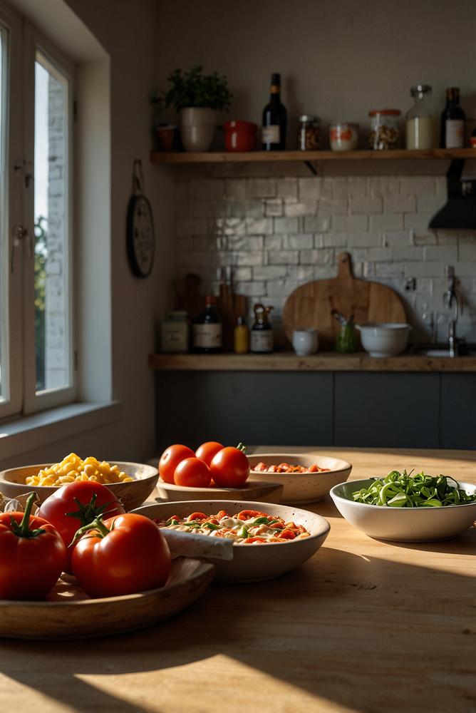 Helle DIY Pizzastation mit frischen Zutaten im modernen Raum