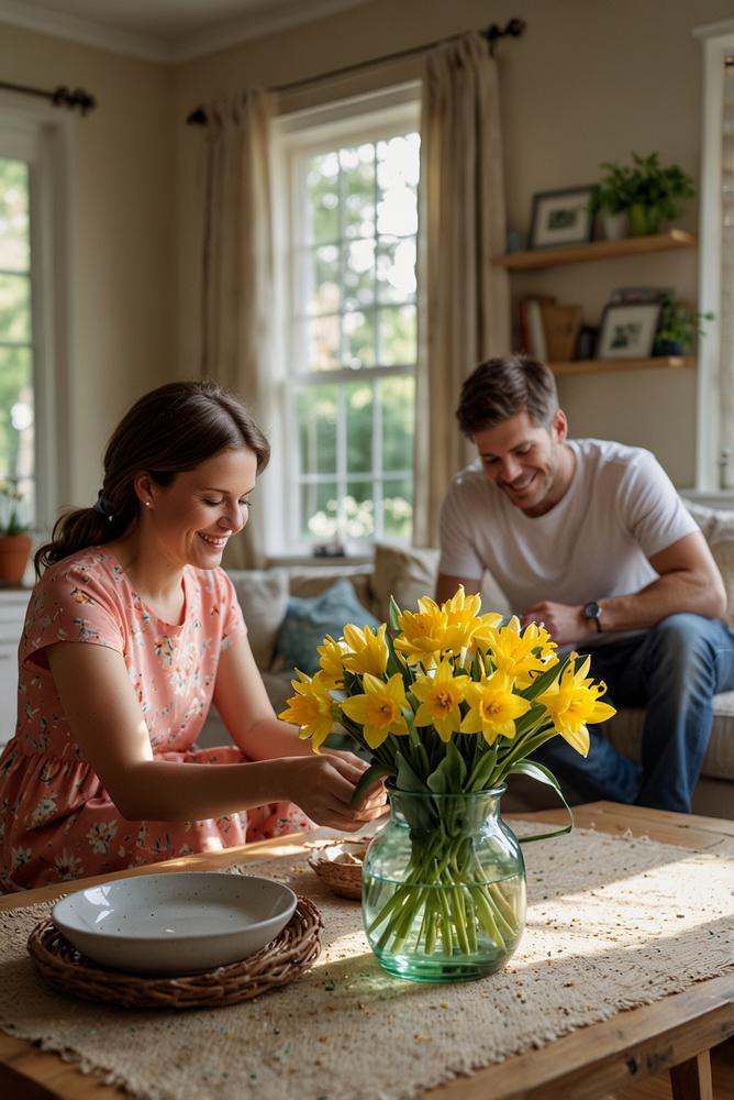 Familie bastelt im Frühling einen Blumenkranz am Tisch