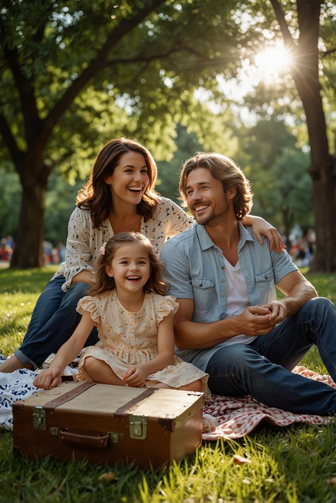 Familie beim Konzert im Park auf Picknickdecke im Frühling