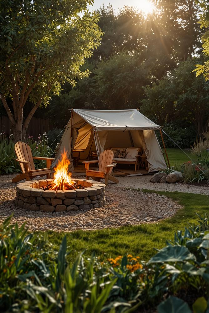 Gemütliches Garten-Camping mit Zelt und Lagerfeuer im Frühling