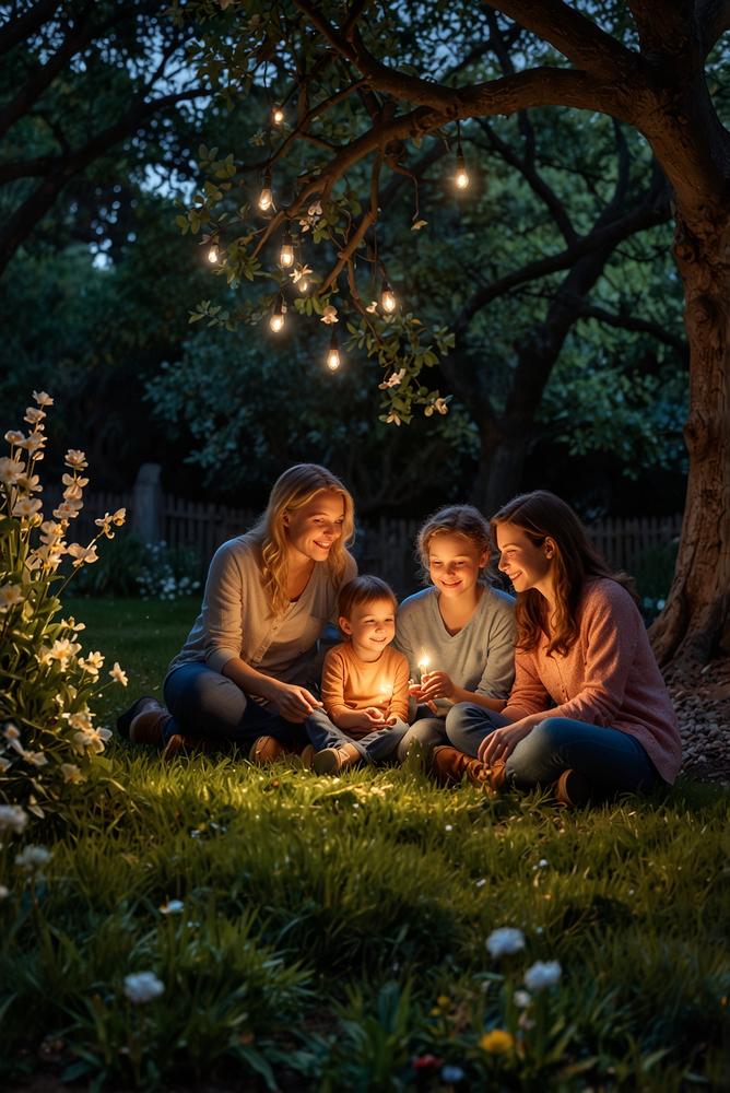 Familie bei Märchenstunde mit Taschenlampen im Garten