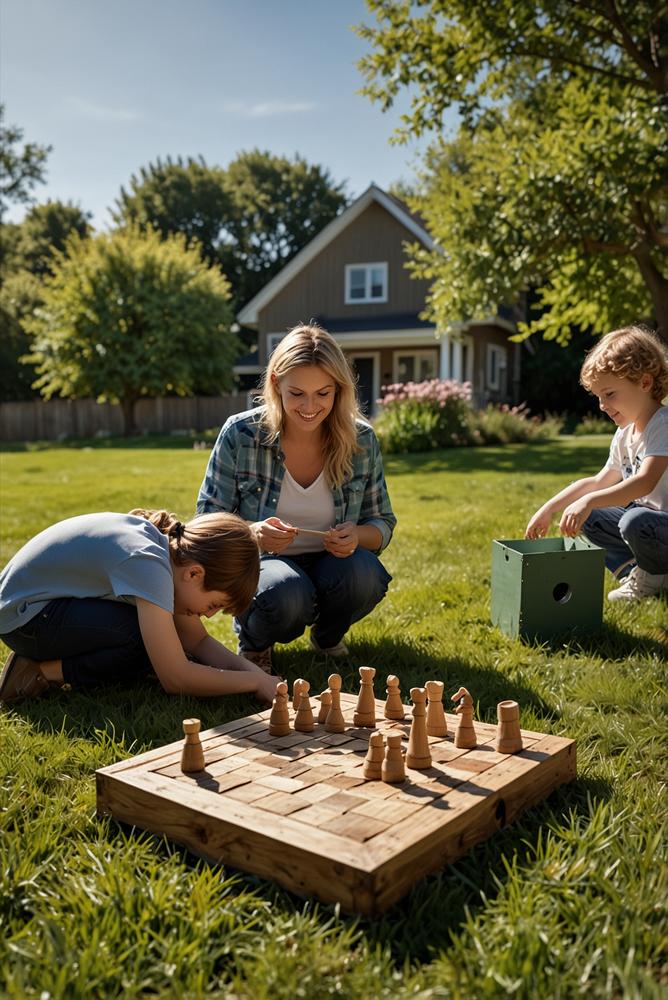 Familie spielt Wikingerschach draußen im Frühling