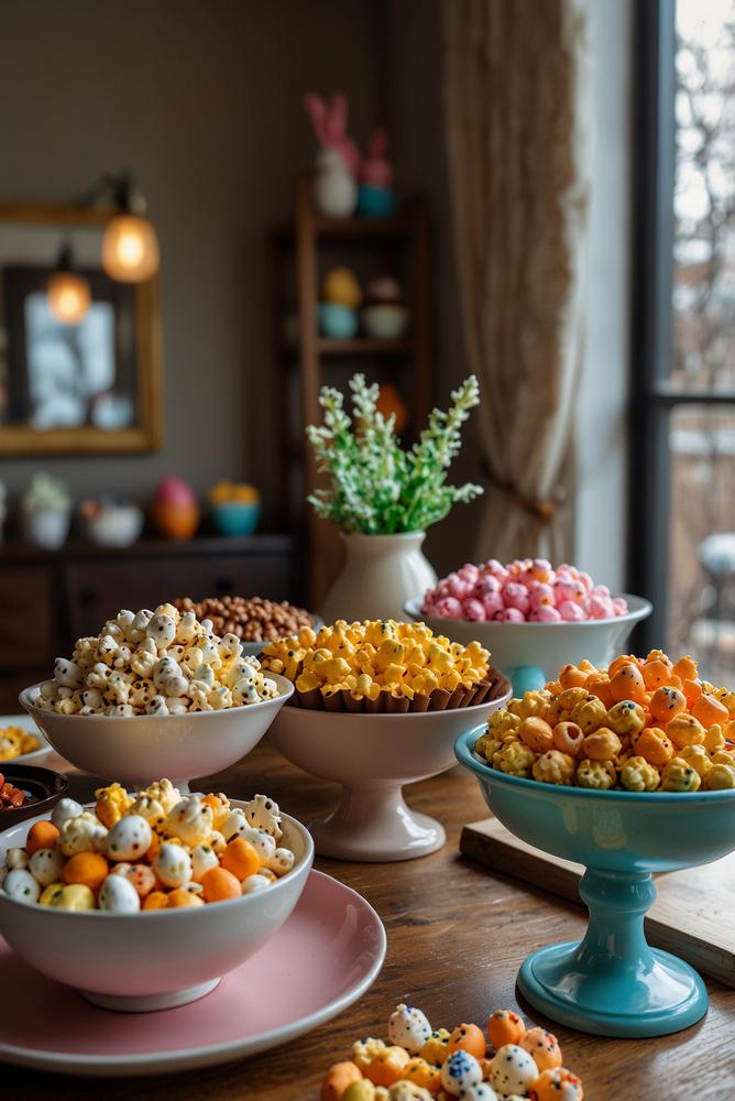 Helle gemütliche Filmnacht Snackstation mit Popcorn-Bar zu Ostern