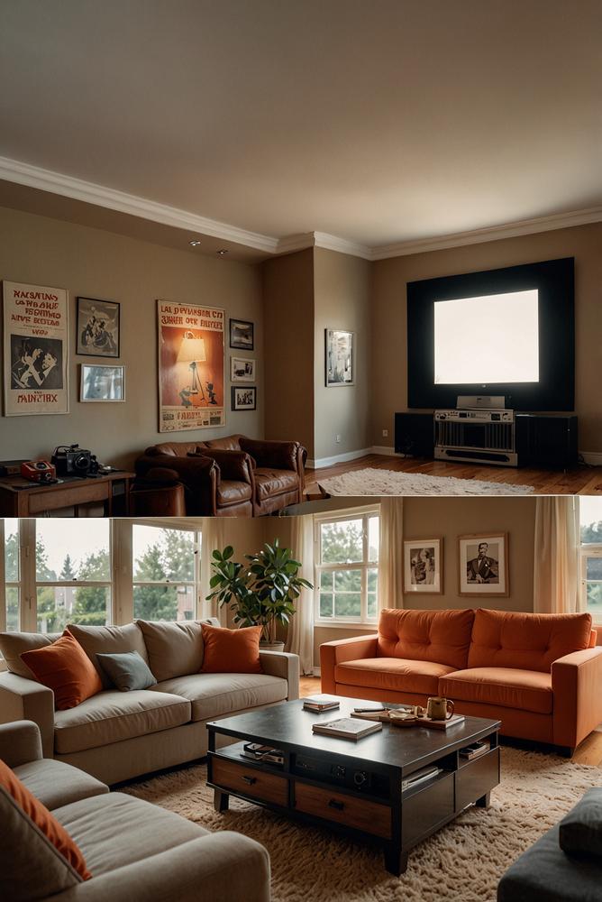 Gemütliches Wohnzimmer mit Vintage-Projektor und Filmpostern