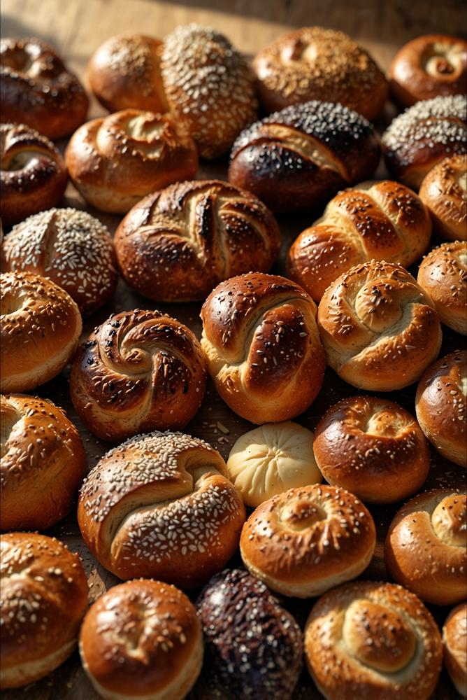 Frische Brötchen und verschiedene Brotsorten auf Holzbrett
