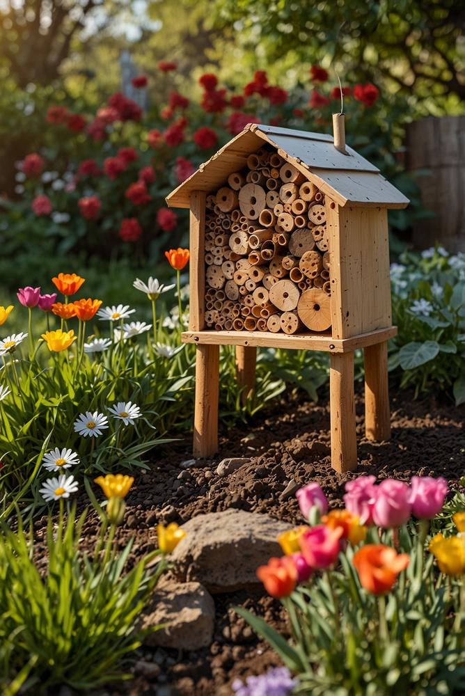 DIY Bienenhotel im sonnigen Frühlingsgarten in Perspektive