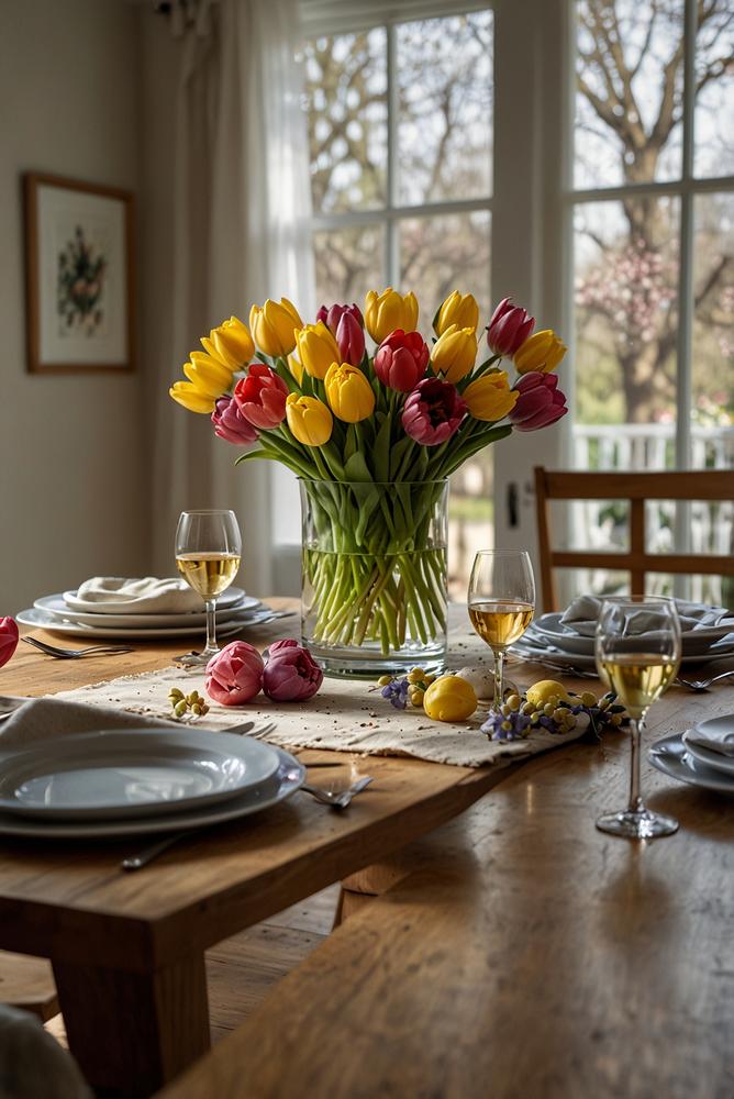 Frühlingshafte Tischdeko mit frischen Schnittblumen