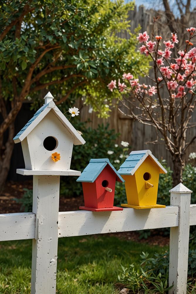 Hell erleuchtetes Vogelhaus im Frühlingsgarten am Balkon