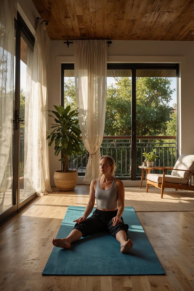 Familie macht Frühlings-Yoga auf Balkon mit Pflanzen und Sonne