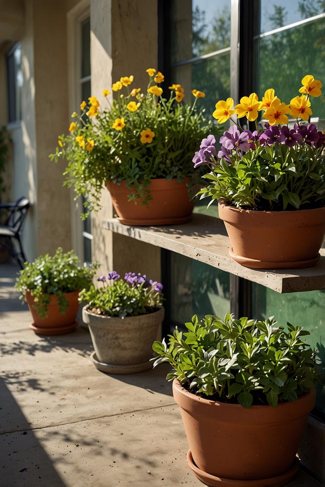 Frühlingsbalkon mit Kräutern und bunten Blumen in hellem Licht
