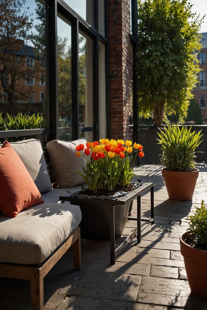 Heller Frühlingsbalkon mit bunten Blumen und Kräutern