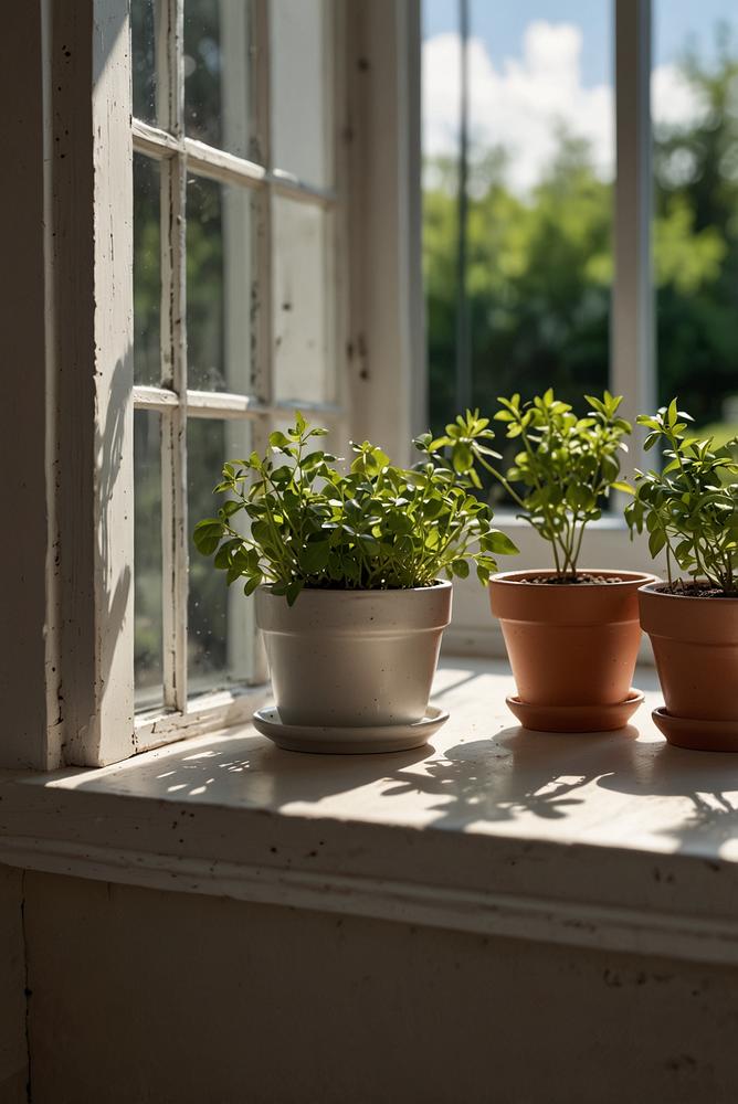 Helle Fensterbank mit Kinder-Kräutergarten und frischem Grün