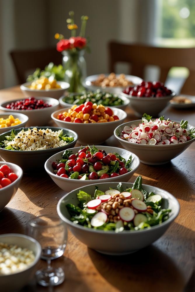 Hell erleuchtetes Frühlingssalat-Buffet für Osterbrunch