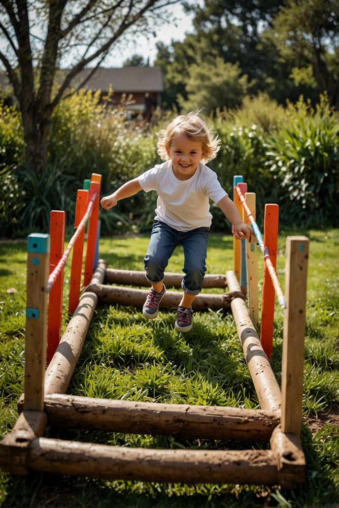 Kinder spielen Hindernisparcours im sonnigen Garten im Frühling