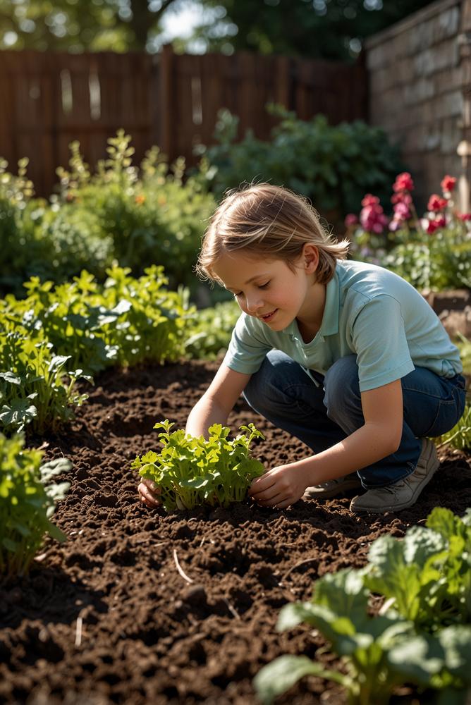 Kinder legen helles Gemüsebeet im Garten an im Fruehling