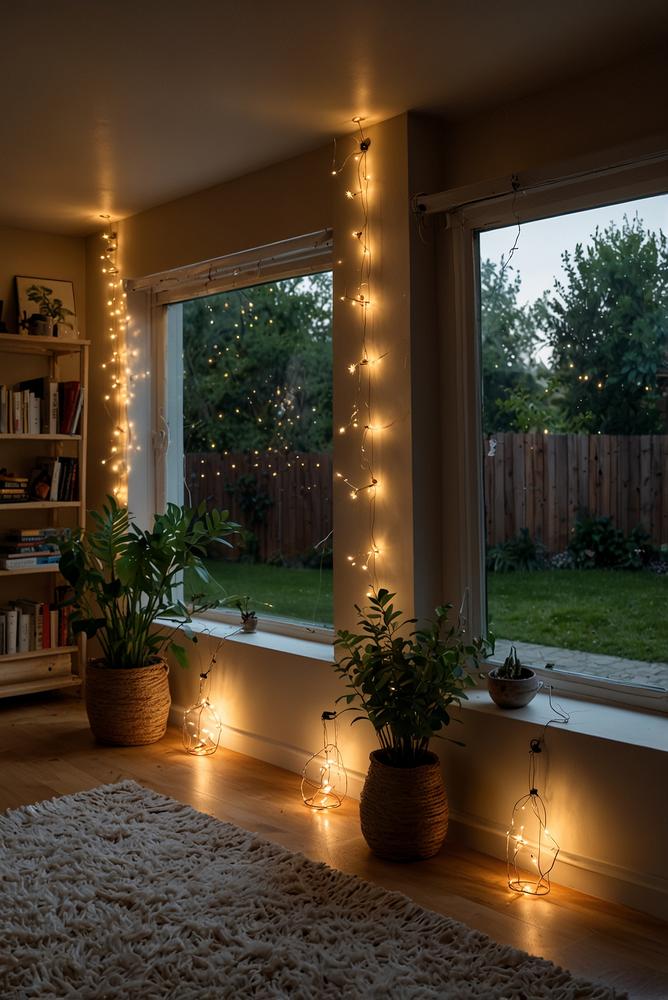 Gemütliche Lichterketten im hellen Wohnzimmer