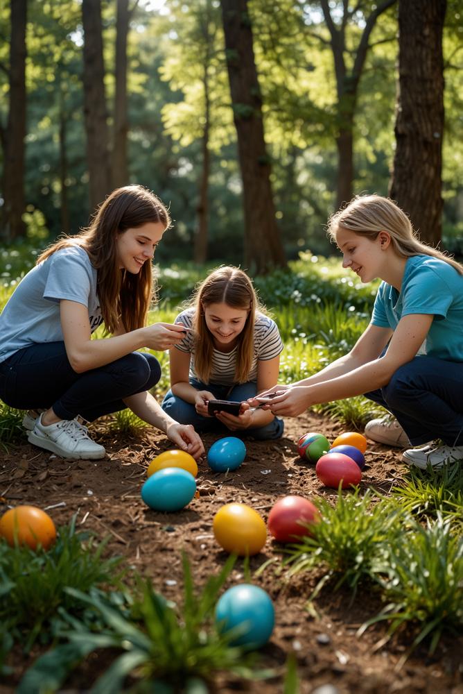 Teenager machen Geocaching-Ostersuche im Park