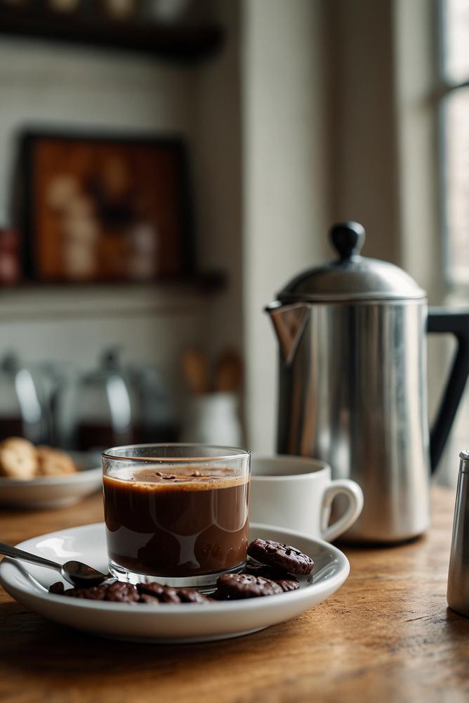 Kaffeestation mit French Press und Snacks hell und einladend
