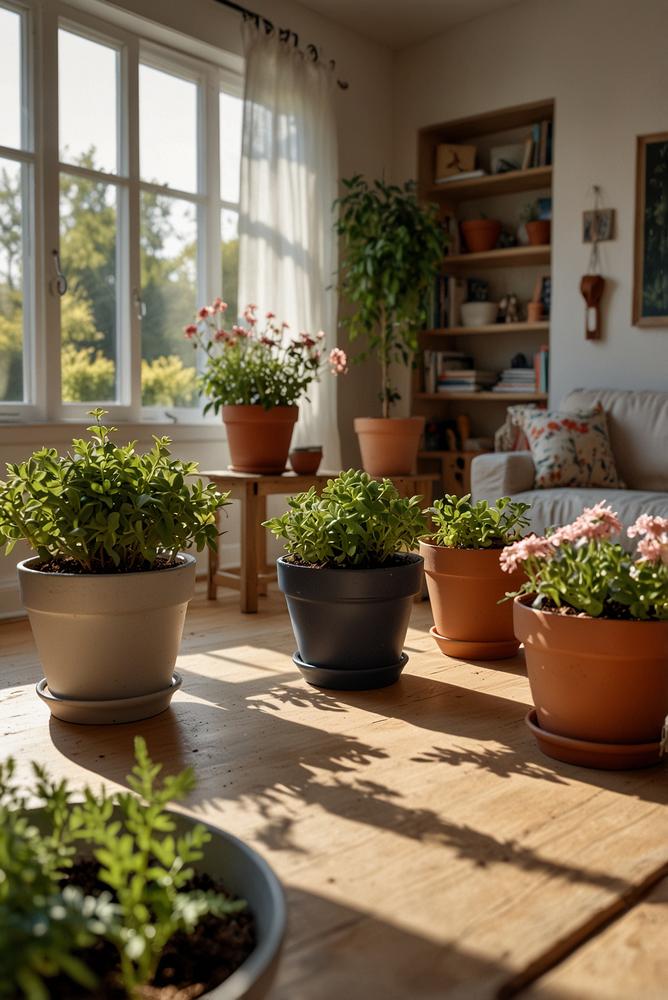 Familie pflanzt Kräuter und Blumen im warmen Frühlingszimmer