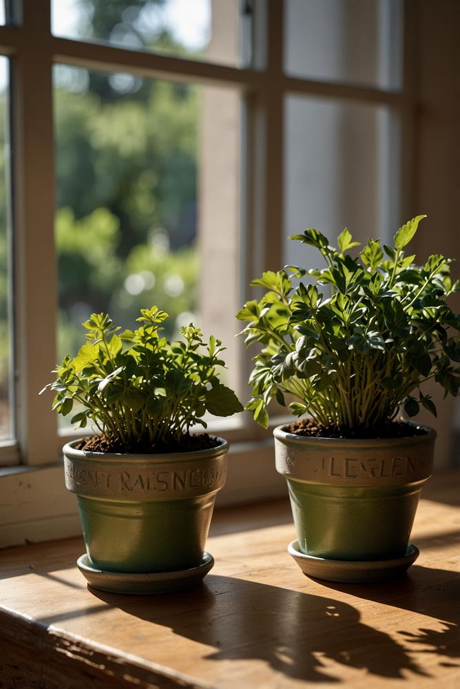 Hell beleuchtete kraeutertoepfe auf fensterbank mit kindern