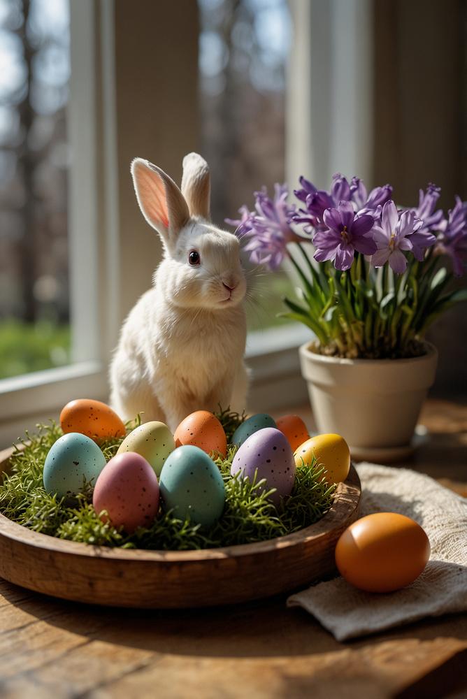 Heller Mini-Ostergarten mit Frühlingsblumen und Ostereiern