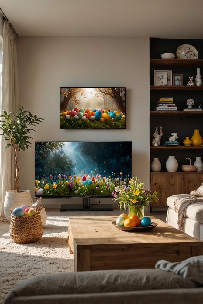 Helles Zimmer mit Gaming-Setup und Ostern-Deko