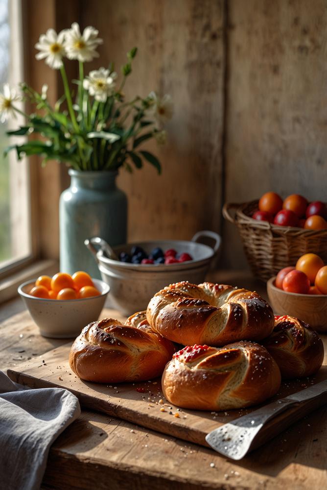Heller Ostertisch mit Osterzopf und Marmeladen im Sonnenlicht