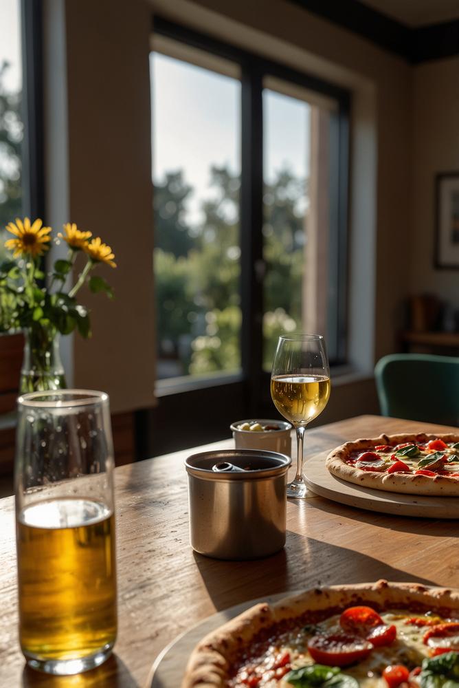 Pizzaabend mit Wein, Bier und Softdrinks in modernem Raum