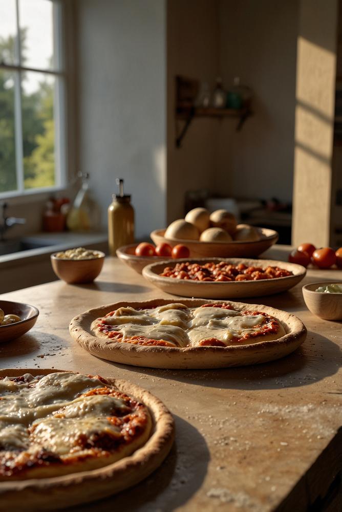 Helle Küche mit verschiedenen Pizzateigen und frischer Pizza