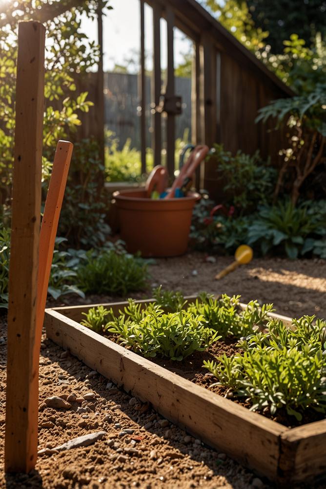Kinder entdecken Gartenwerkzeug bei Schnitzeljagd im Garten