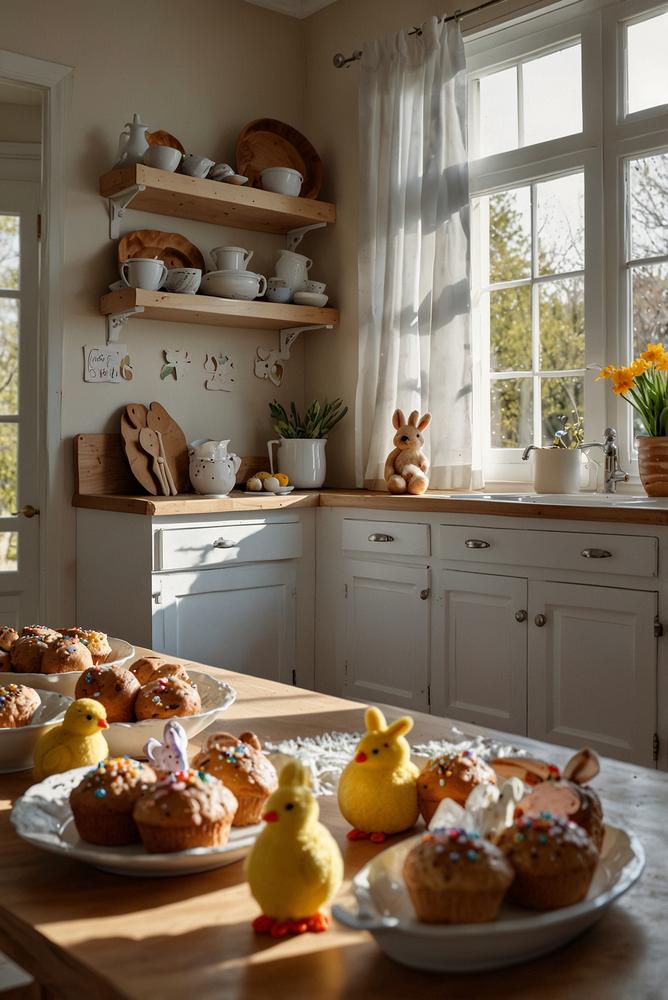 Süße Muffins und Osterplätzchen im hellen Raum