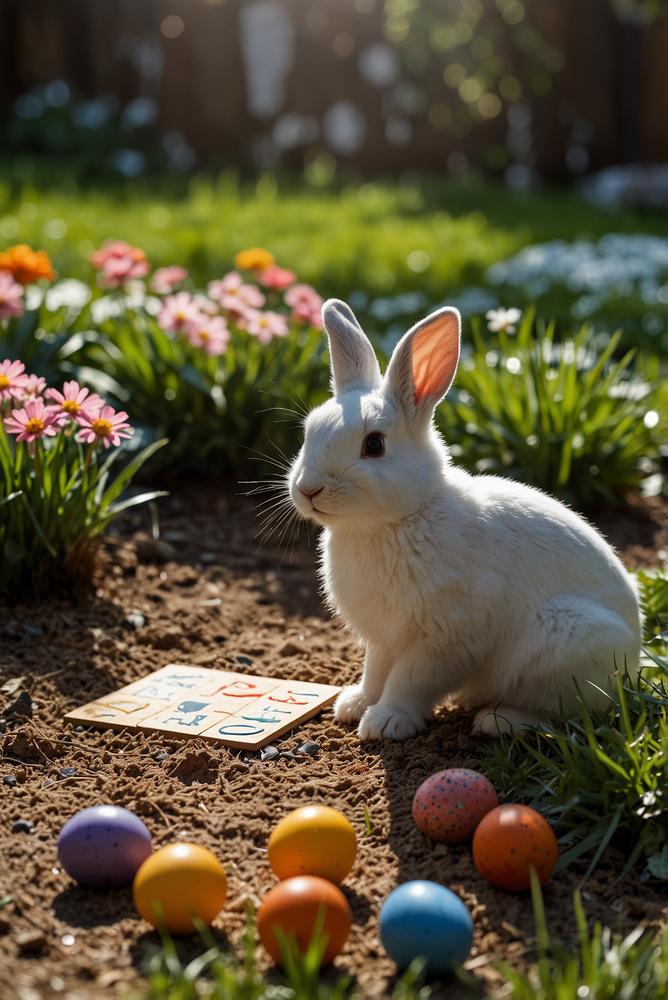 Kinder bei einer Oster-Schnitzeljagd im Garten bei Sonnenlicht