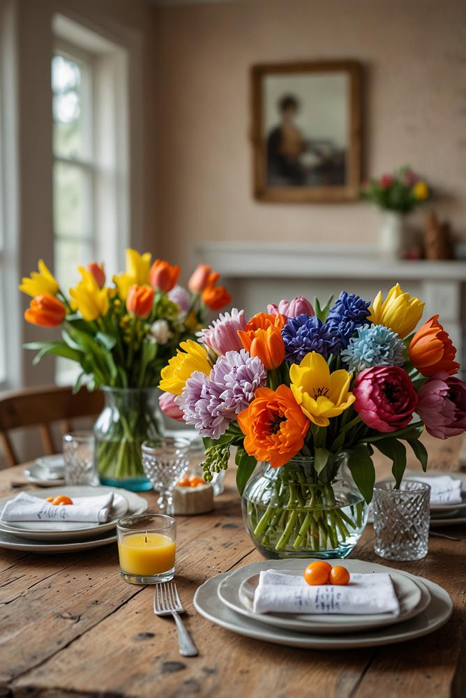 Fruehlingsbrunch mit bunten selbstgemachten Blumengestecken