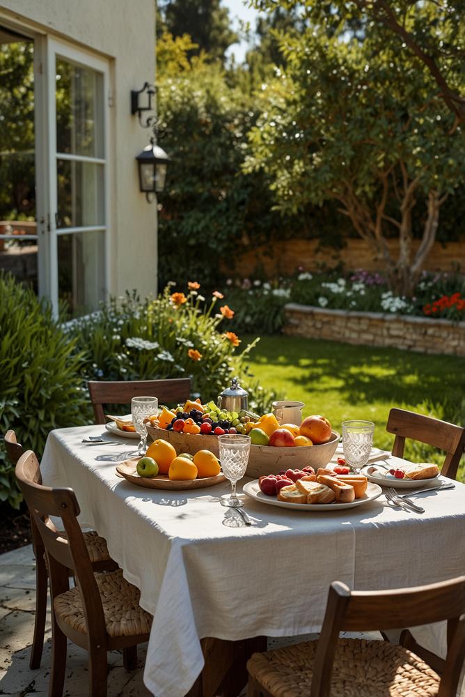 Hell beleuchtetes Familienfrühstück im Garten mit Pick-and-Share-Platten