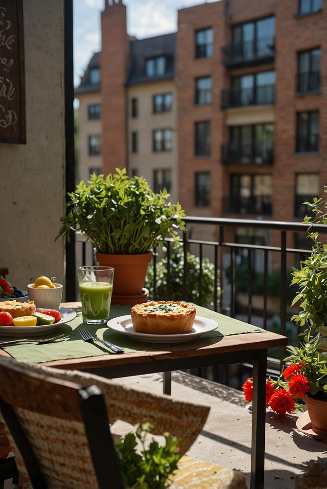 Heller Balkon mit Fruehlingsbrunch und Kraeuterecke