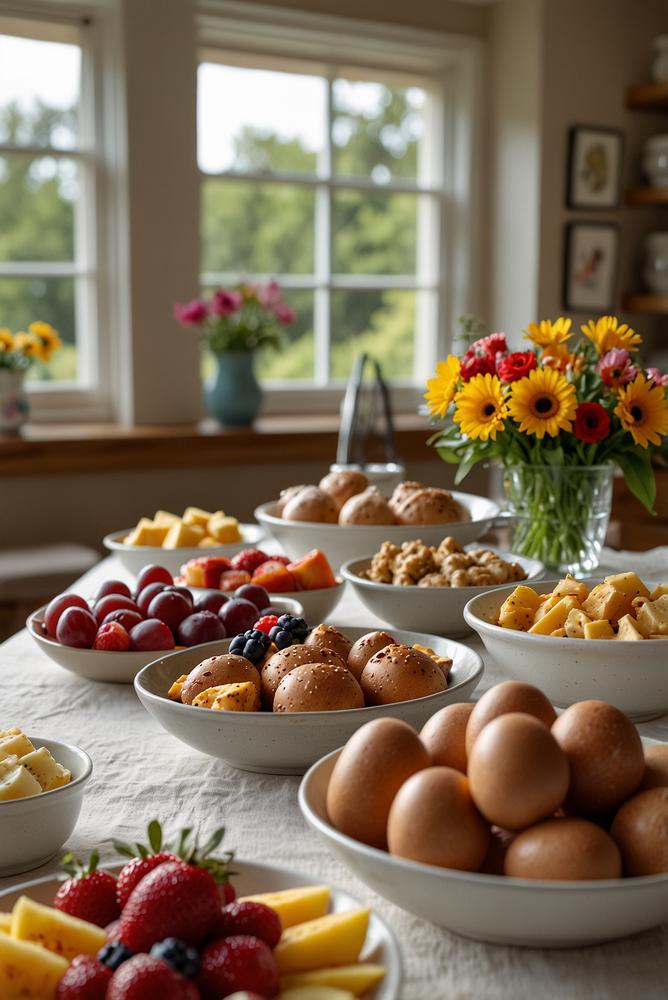 Helles Familienfrühstücksbuffet mit Make-your-Own Tellern im Frühling