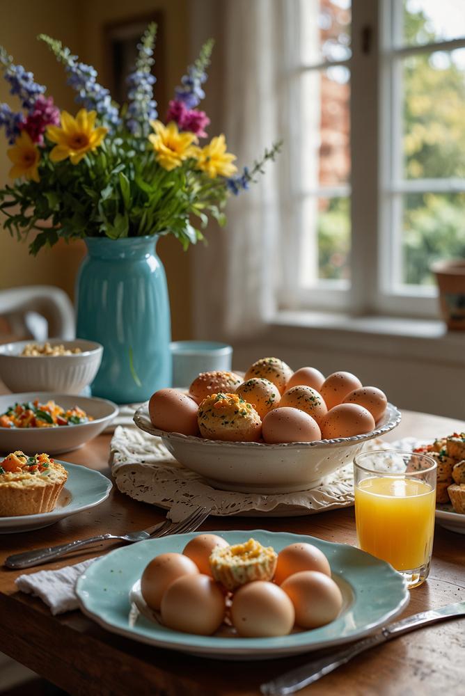 Osterfrühstück mit bunter Eiersuche und Frühlingsdeko in hellem Raum
