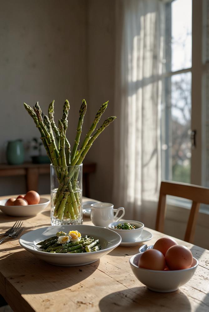 Hell erleuchteter Tisch mit Spargel und Rhabarber beim Fruehlingsbrunch