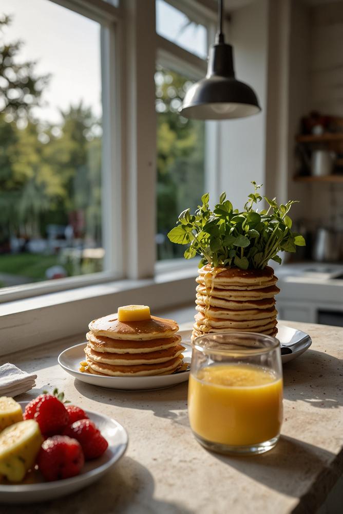 Helle Pfannkuchenstation am Familienfrühstück im Frühling