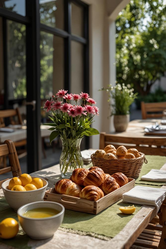 Terrassenfruehlingsbrunch mit bunter Picknickdecke und Fruehstueck