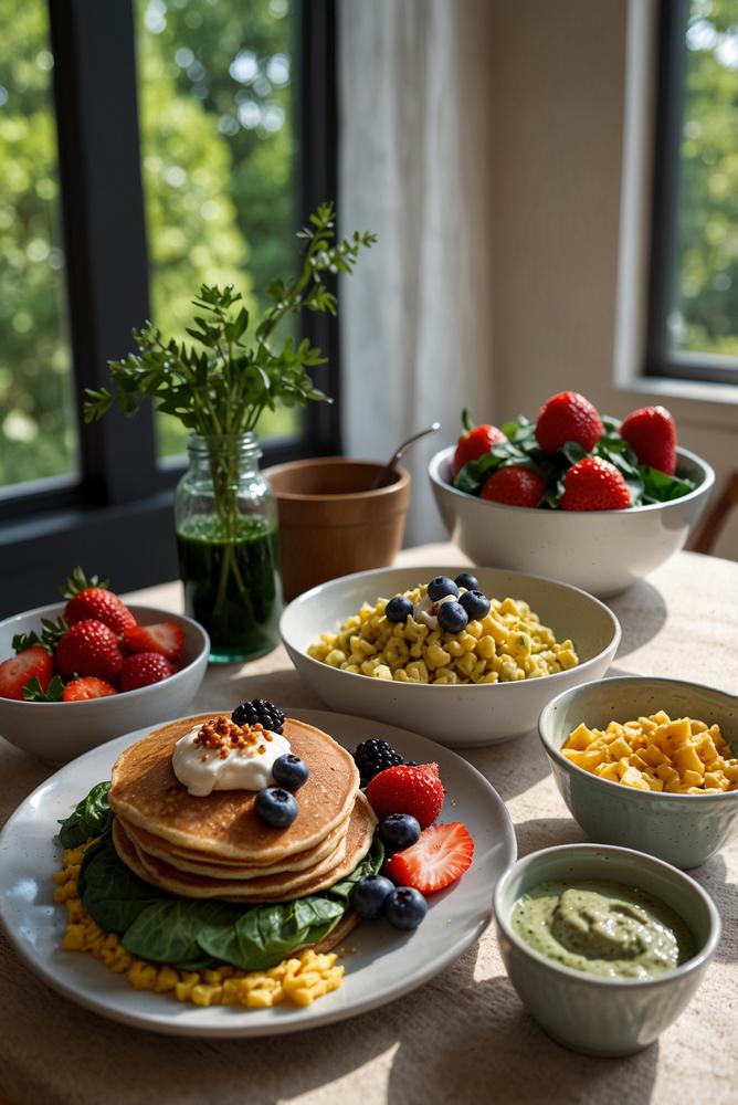 Heller veganer Fruehlingsbrunch mit frischen Zutaten